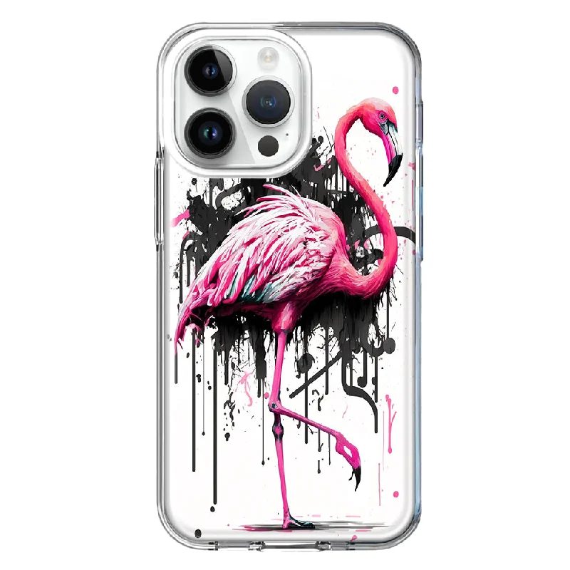 For Apple iPhone 15 Pro Pink Flamingo Painting Graffiti Design Hybrid Protective Phone Case Cover