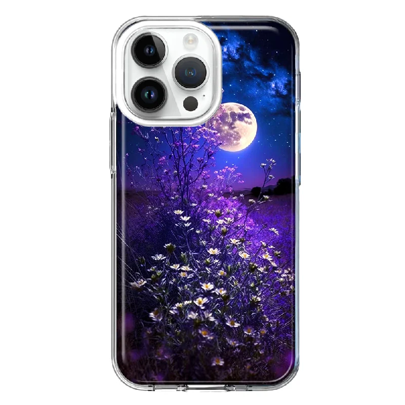 For Apple iPhone 15 Pro Spring Moon Night Lavender Flowers Floral Design Hybrid Protective Phone Case Cover