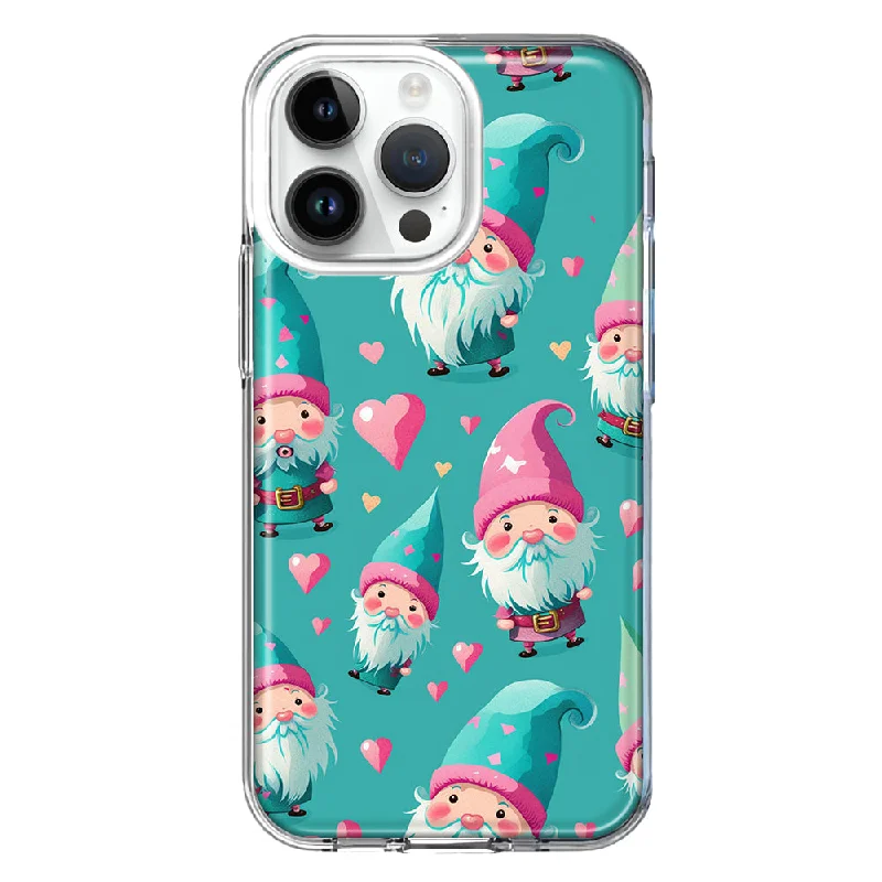 For Apple iPhone 15 Pro Turquoise Pink Hearts Gnomes Design Hybrid Protective Phone Case Cover