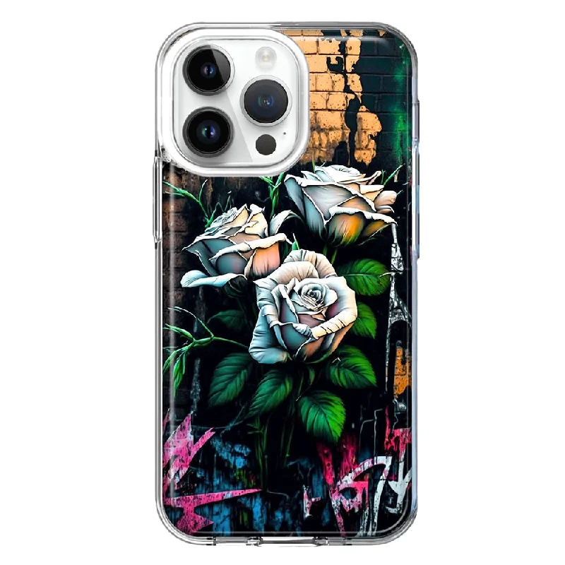 For Apple iPhone 15 Pro White Roses Graffiti Wall Art Painting Design Hybrid Protective Phone Case Cover