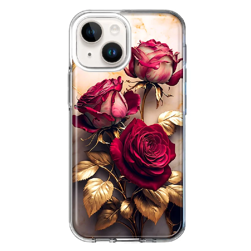 For Apple iPhone 15 Romantic Elegant Gold Marble Red Roses Case Cover