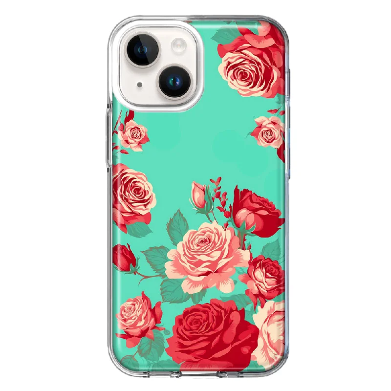 For Apple iPhone 15 Turquoise Teal Vintage Pastel Pink Red Roses Case Cover