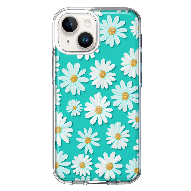 For Apple iPhone 15 Turquoise Teal White Daisies Cute Daisy Polka Dots Case Cover