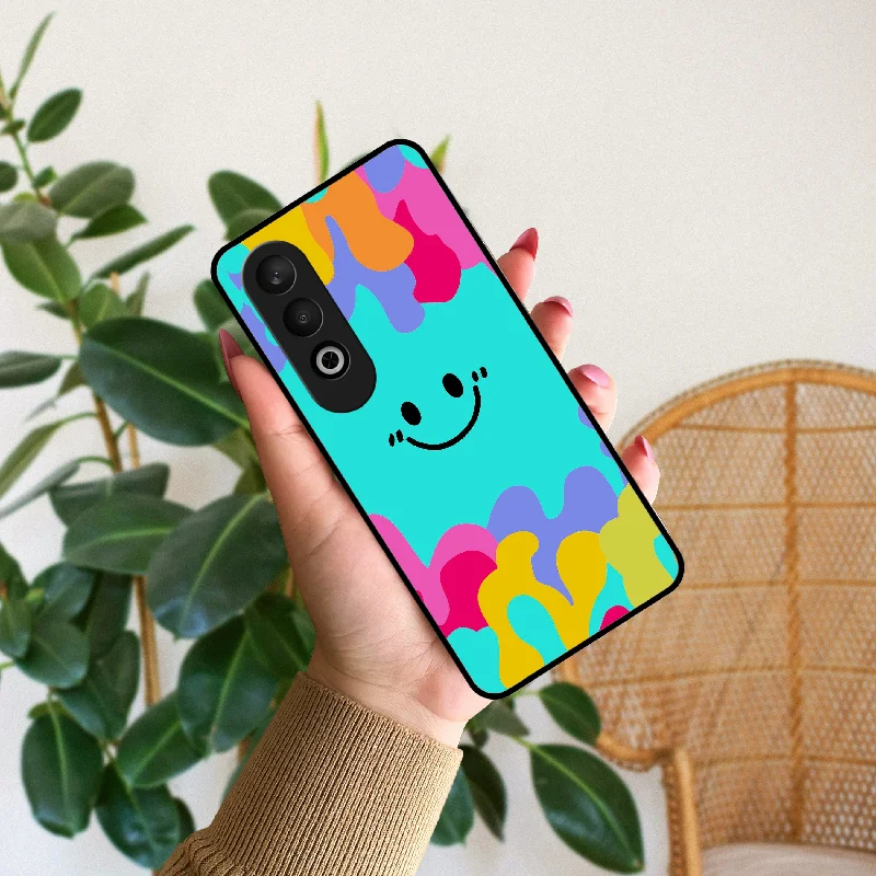 Cute Blue Smiley Multicolor Glass Case For OnePlus