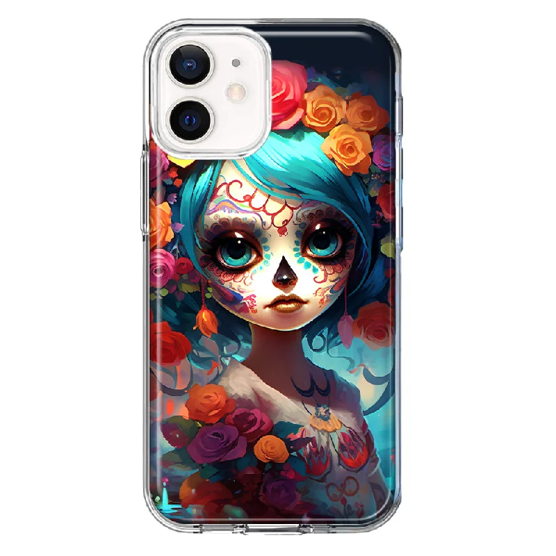 For Apple iPhone 12 Halloween Spooky Colorful Day of the Dead Skull Girl Design Hybrid Protective Phone Case Cover