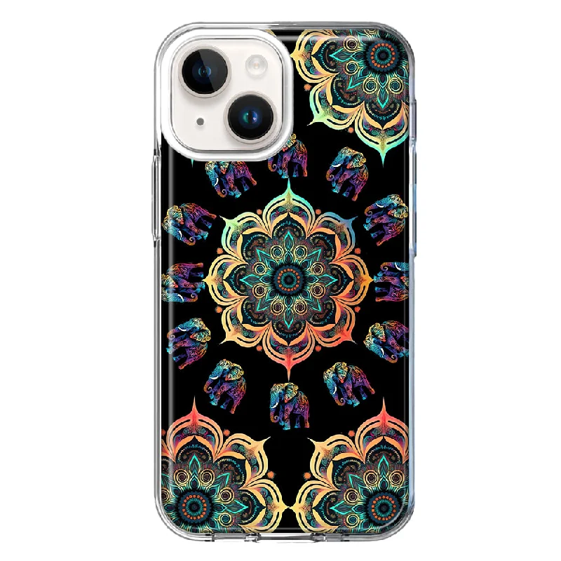 For Apple iPhone 13 Mandala Geometry Abstract Elephant Pattern Design Hybrid Protective Phone Case Cover