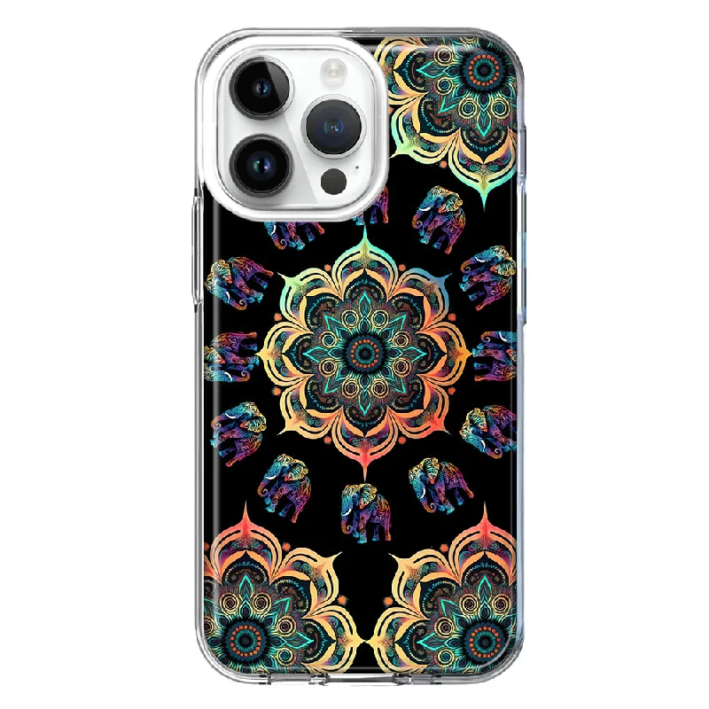 For Apple iPhone 14 Pro Max Mandala Geometry Abstract Elephant Pattern Design Hybrid Protective Phone Case Cover