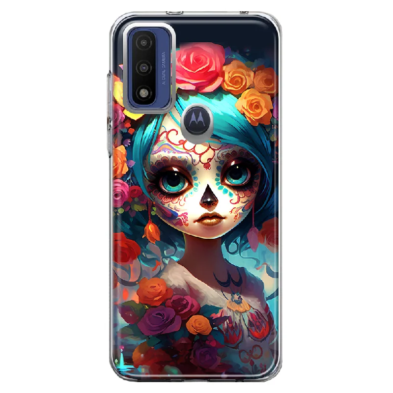 For Motorola Moto G Play 2023 Halloween Spooky Colorful Day of the Dead Skull Girl Design Hybrid Protective Phone Case Cover