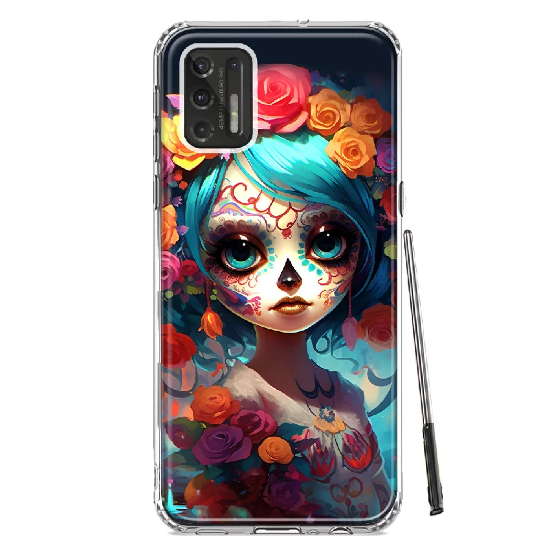 For Motorola Moto G Stylus 2021 Halloween Spooky Colorful Day of the Dead Skull Girl Design Hybrid Protective Phone Case Cover