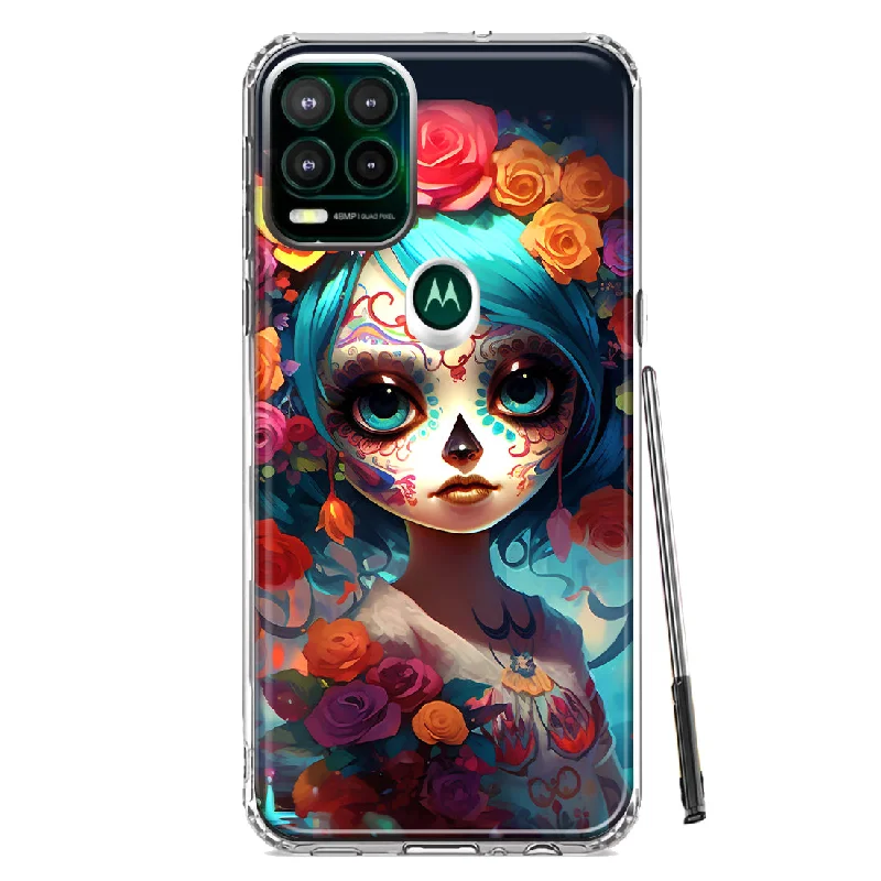 For Motorola Moto G Stylus 5G Halloween Spooky Colorful Day of the Dead Skull Girl Design Hybrid Protective Phone Case Cover