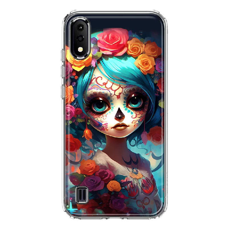 For Samsung Galaxy A01 Halloween Spooky Colorful Day of the Dead Skull Girl Design Hybrid Protective Phone Case Cover