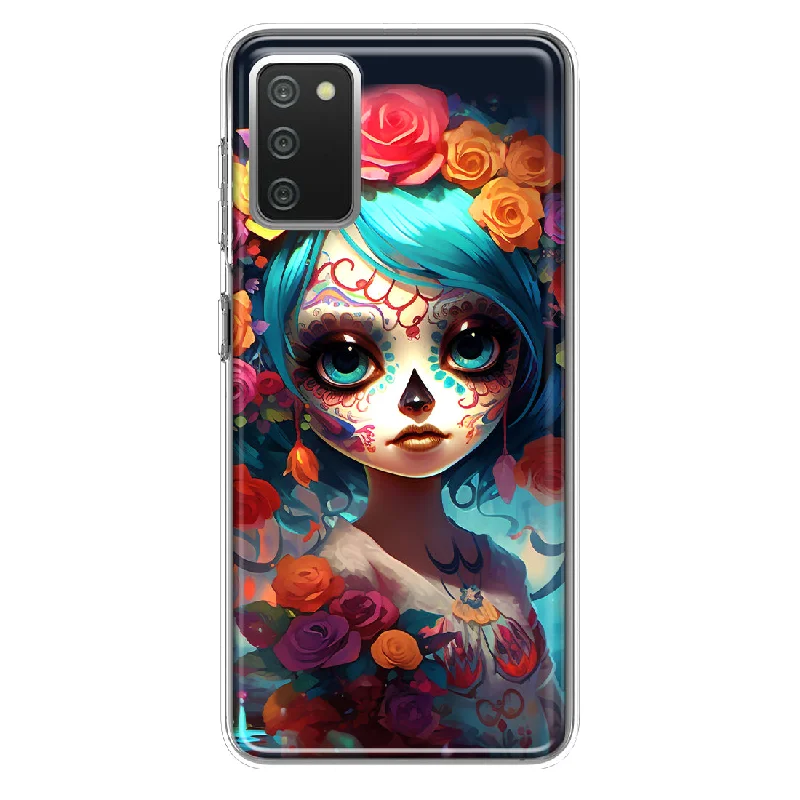 For Samsung Galaxy A02S Halloween Spooky Colorful Day of the Dead Skull Girl Design Hybrid Protective Phone Case Cover