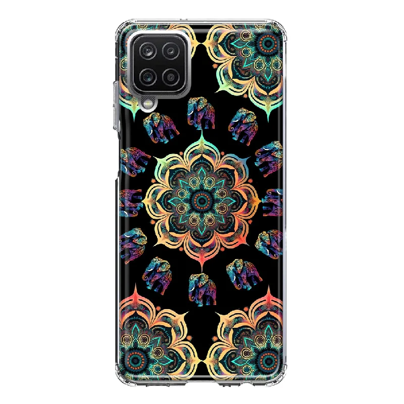 For Samsung Galaxy A12 Mandala Geometry Abstract Elephant Pattern Design Hybrid Protective Phone Case Cover