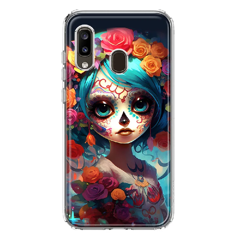 For Samsung Galaxy A20 Halloween Spooky Colorful Day of the Dead Skull Girl Design Hybrid Protective Phone Case Cover