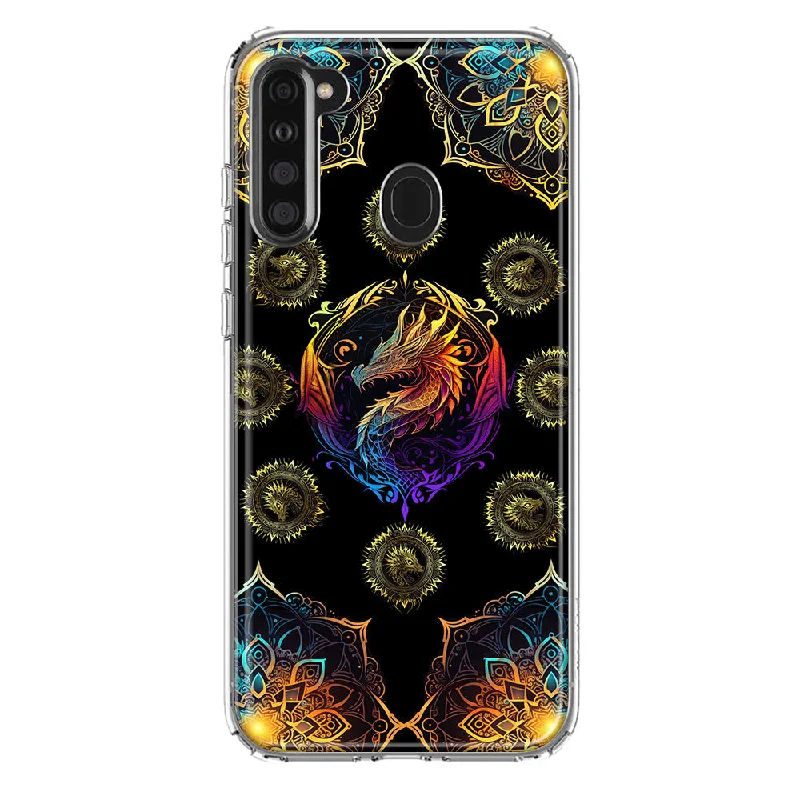 For Samsung Galaxy A21 Mandala Geometry Abstract Dragon Pattern Design Hybrid Protective Phone Case Cover