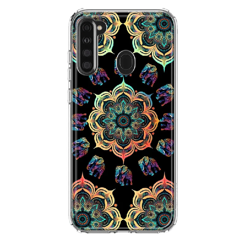 For Samsung Galaxy A21 Mandala Geometry Abstract Elephant Pattern Design Hybrid Protective Phone Case Cover