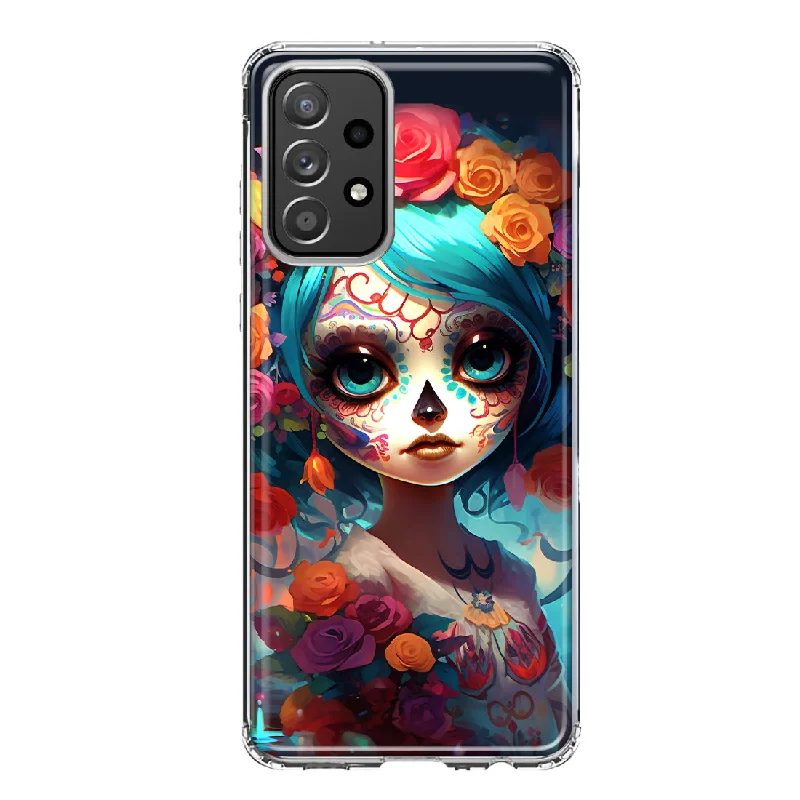 For Samsung Galaxy A32 Halloween Spooky Colorful Day of the Dead Skull Girl Design Hybrid Protective Phone Case Cover