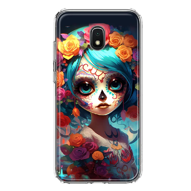 For Samsung Galaxy J7 (2018) Star/Crown/Aura Halloween Spooky Colorful Day of the Dead Skull Girl Design Hybrid Protective Phone Case Cover