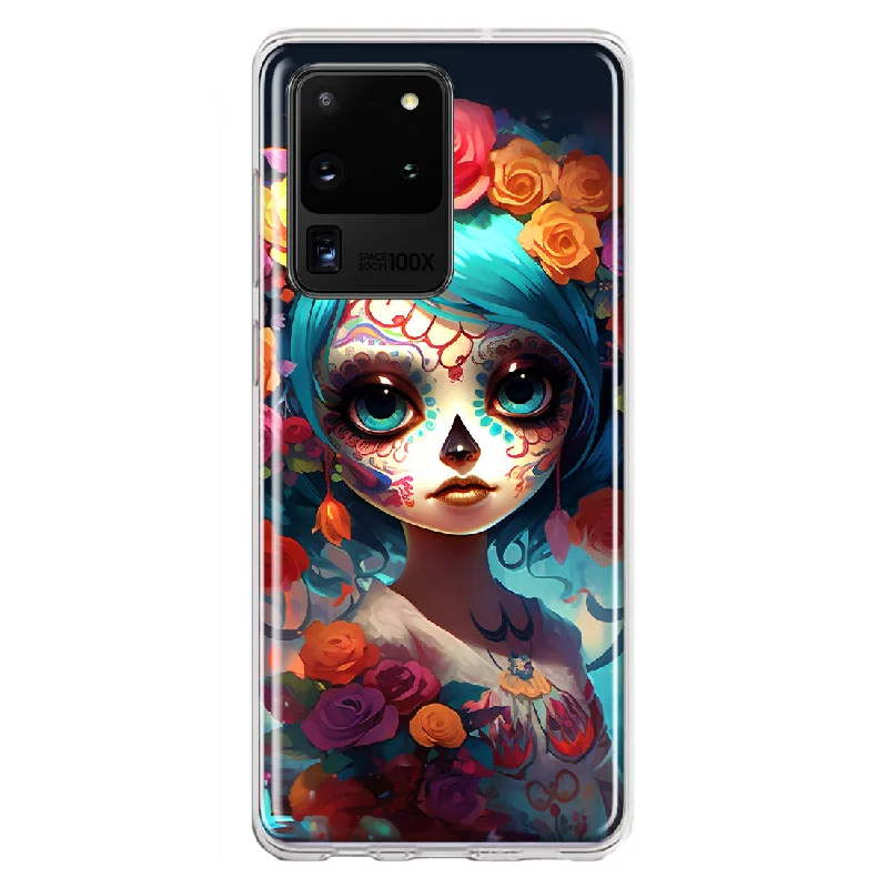 For Samsung Galaxy S20 Ultra Halloween Spooky Colorful Day of the Dead Skull Girl Design Hybrid Protective Phone Case Cover