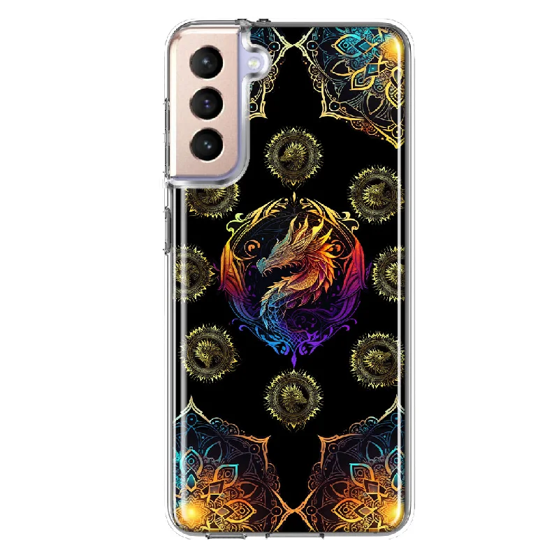 For Samsung Galaxy S21 FE Mandala Geometry Abstract Dragon Pattern Design Hybrid Protective Phone Case Cover