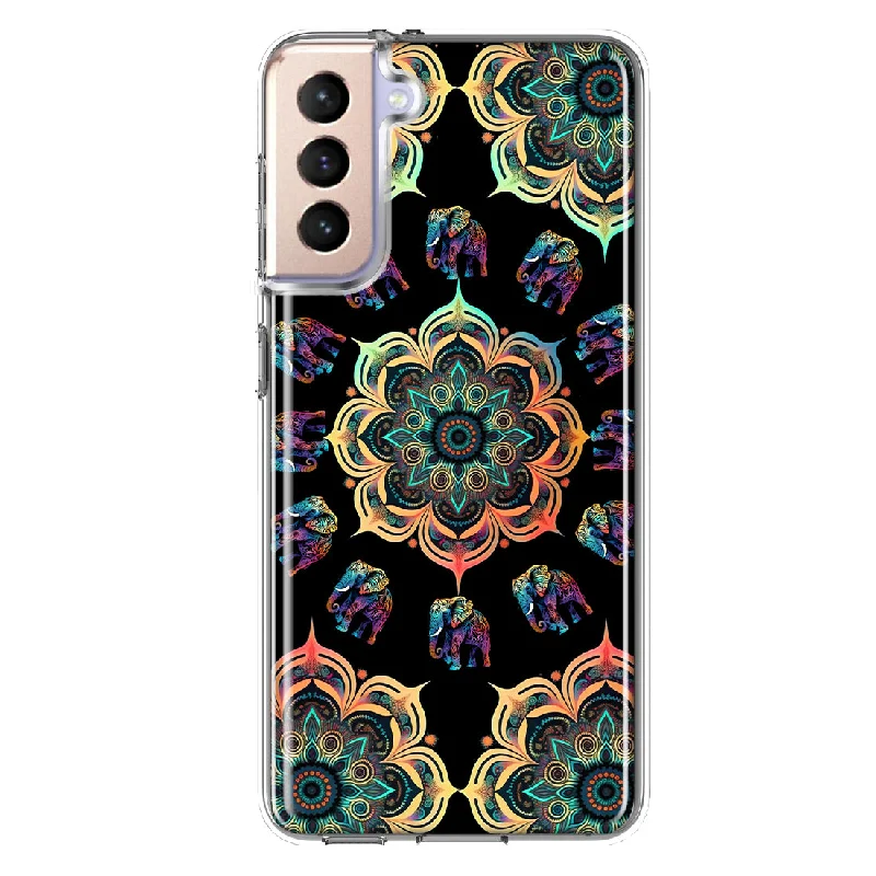 For Samsung Galaxy S21 Plus Mandala Geometry Abstract Elephant Pattern Design Hybrid Protective Phone Case Cover