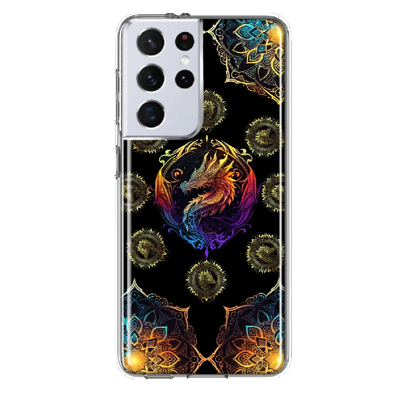 For Samsung Galaxy S21 Ultra Mandala Geometry Abstract Dragon Pattern Design Hybrid Protective Phone Case Cover