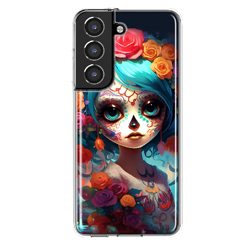 For Samsung Galaxy S22 Plus Halloween Spooky Colorful Day of the Dead Skull Girl Design Hybrid Protective Phone Case Cover