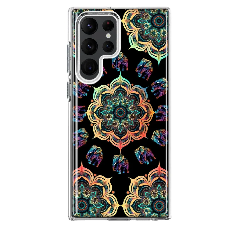 For Samsung Galaxy S22 Ultra Mandala Geometry Abstract Elephant Pattern Design Hybrid Protective Phone Case Cover