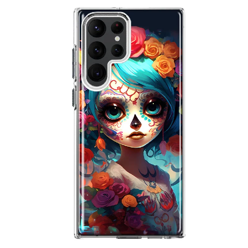 For Samsung Galaxy S23 Ultra Halloween Spooky Colorful Day of the Dead Skull Girl Design Hybrid Protective Phone Case Cover