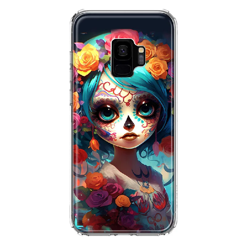 For Samsung Galaxy S9 Halloween Spooky Colorful Day of the Dead Skull Girl Design Hybrid Protective Phone Case Cover