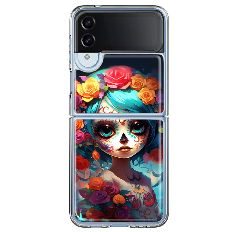 For Samsung Galaxy Z Flip 4 Halloween Spooky Colorful Day of the Dead Skull Girl Design Hybrid Protective Phone Case Cover