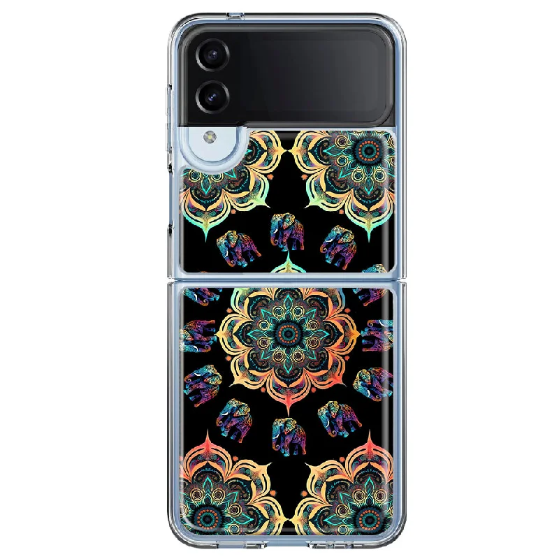 For Samsung Galaxy Z Flip 4 Mandala Geometry Abstract Elephant Pattern Design Hybrid Protective Phone Case Cover