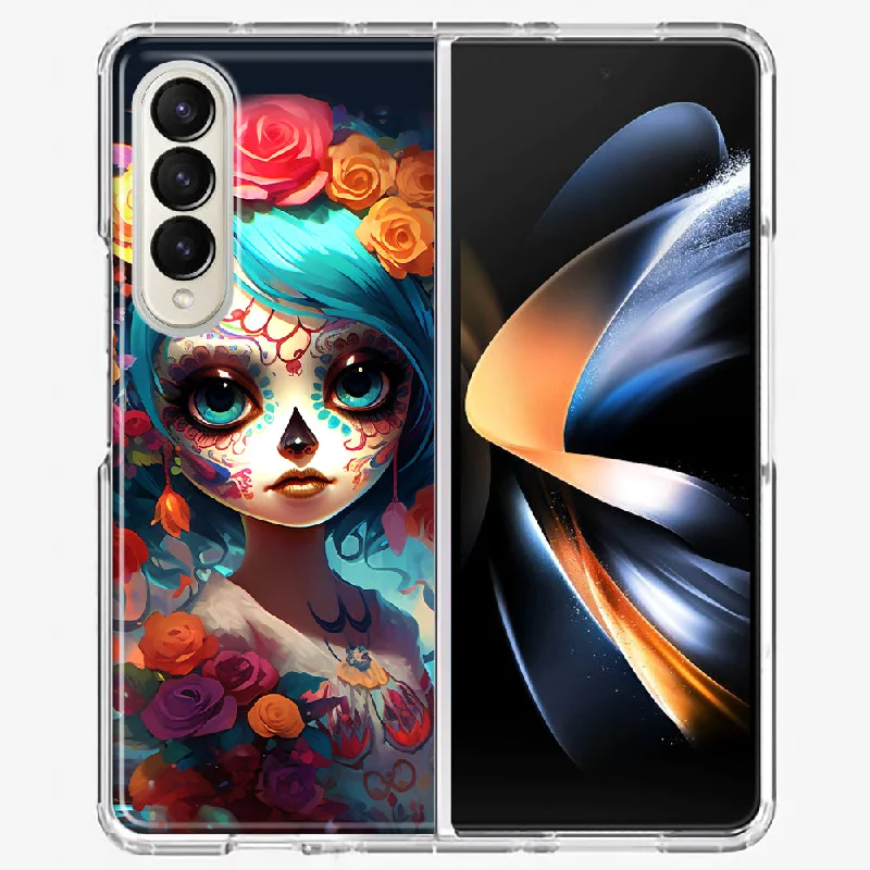 For Samsung Galaxy Z Fold 4 Halloween Spooky Colorful Day of the Dead Skull Girl Design Hybrid Protective Phone Case Cover