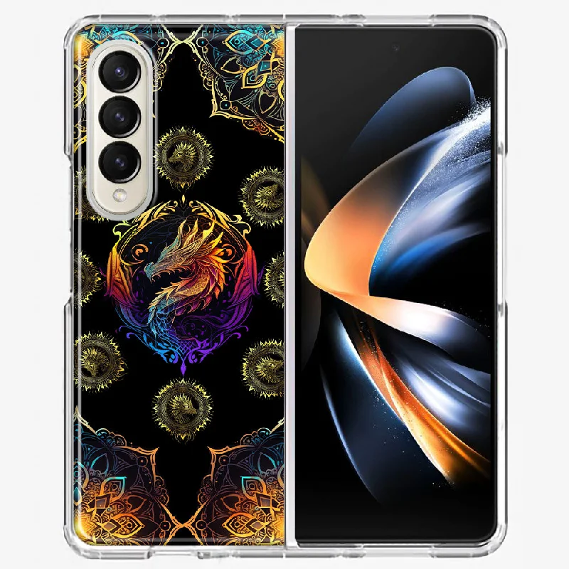 For Samsung Galaxy Z Fold 4 Mandala Geometry Abstract Dragon Pattern Design Hybrid Protective Phone Case Cover