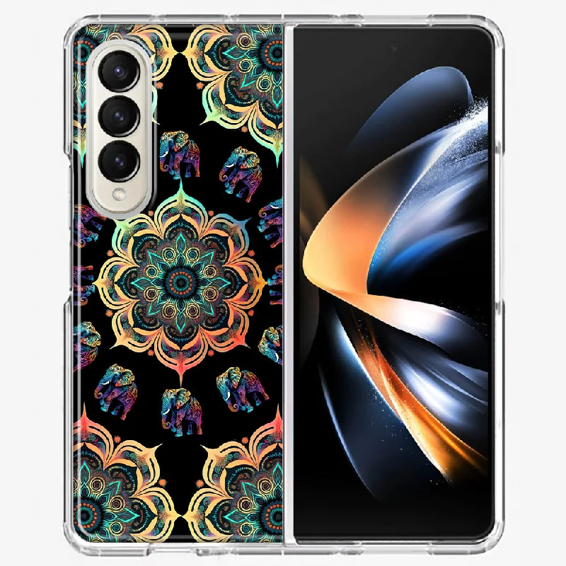 For Samsung Galaxy Z Fold 4 Mandala Geometry Abstract Elephant Pattern Design Hybrid Protective Phone Case Cover