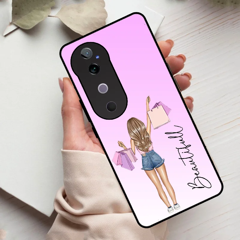 Girl With Bag Customize Name Glass Case For Vivo